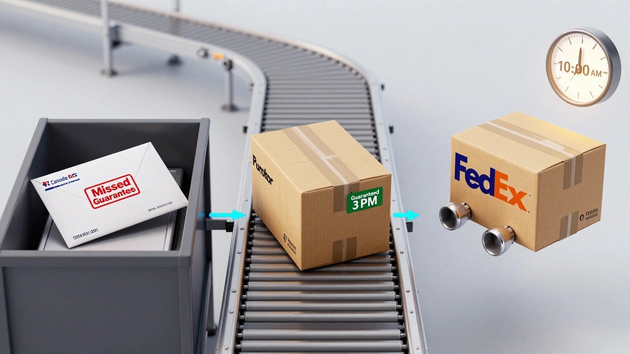 Three parallel delivery systems: Canada Post delayed, Purolator on track, and FedEx Express flying through an air hub.