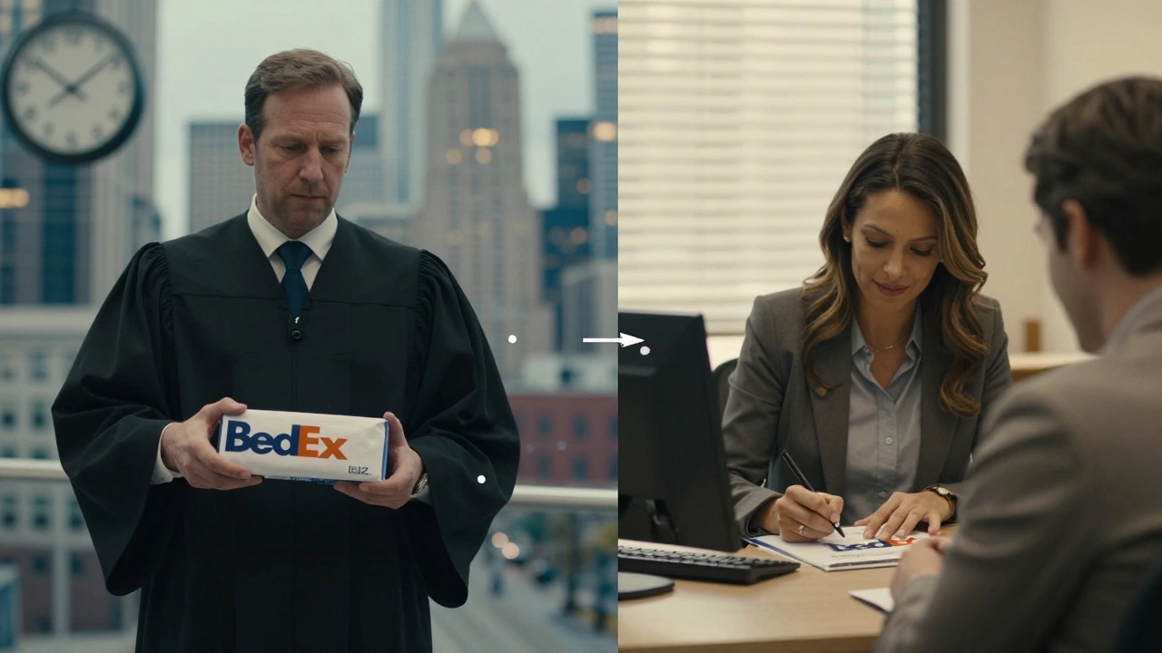 A lawyer drops off a FedEx envelope in Toronto as it arrives on time at a Chicago office the next morning.