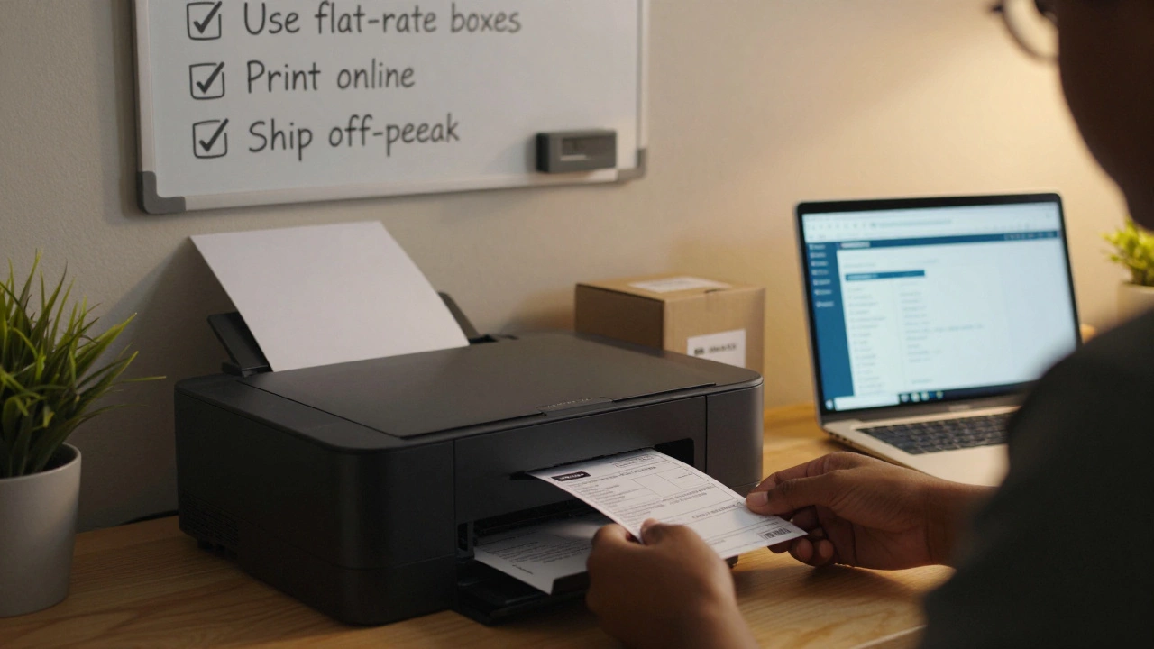 A person printing a shipping label at home, with a gift box and cost-saving tips visible on a whiteboard in the background.