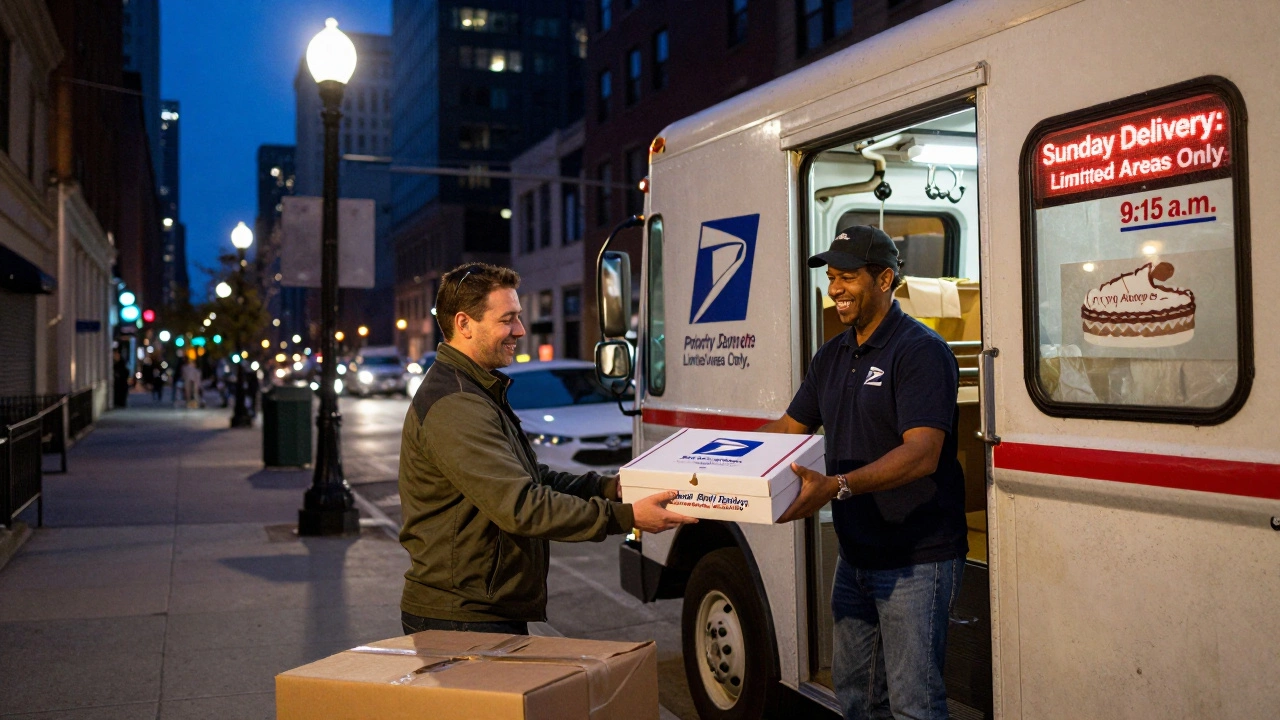 A USPS truck delivers a Priority Mail Express cake box to a bakery on Saturday morning in a major city.