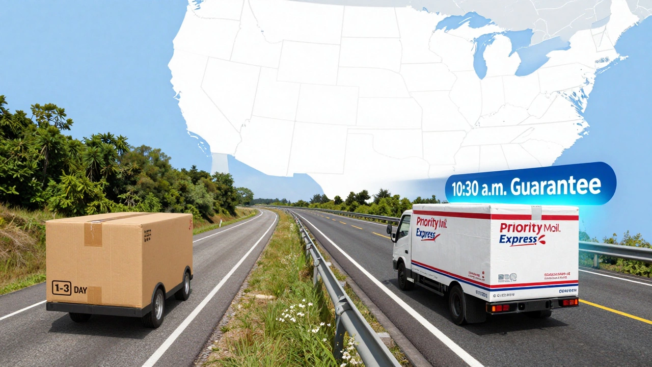 A visual comparison showing slow standard mail versus fast Priority Mail Express delivery across U.S. routes.