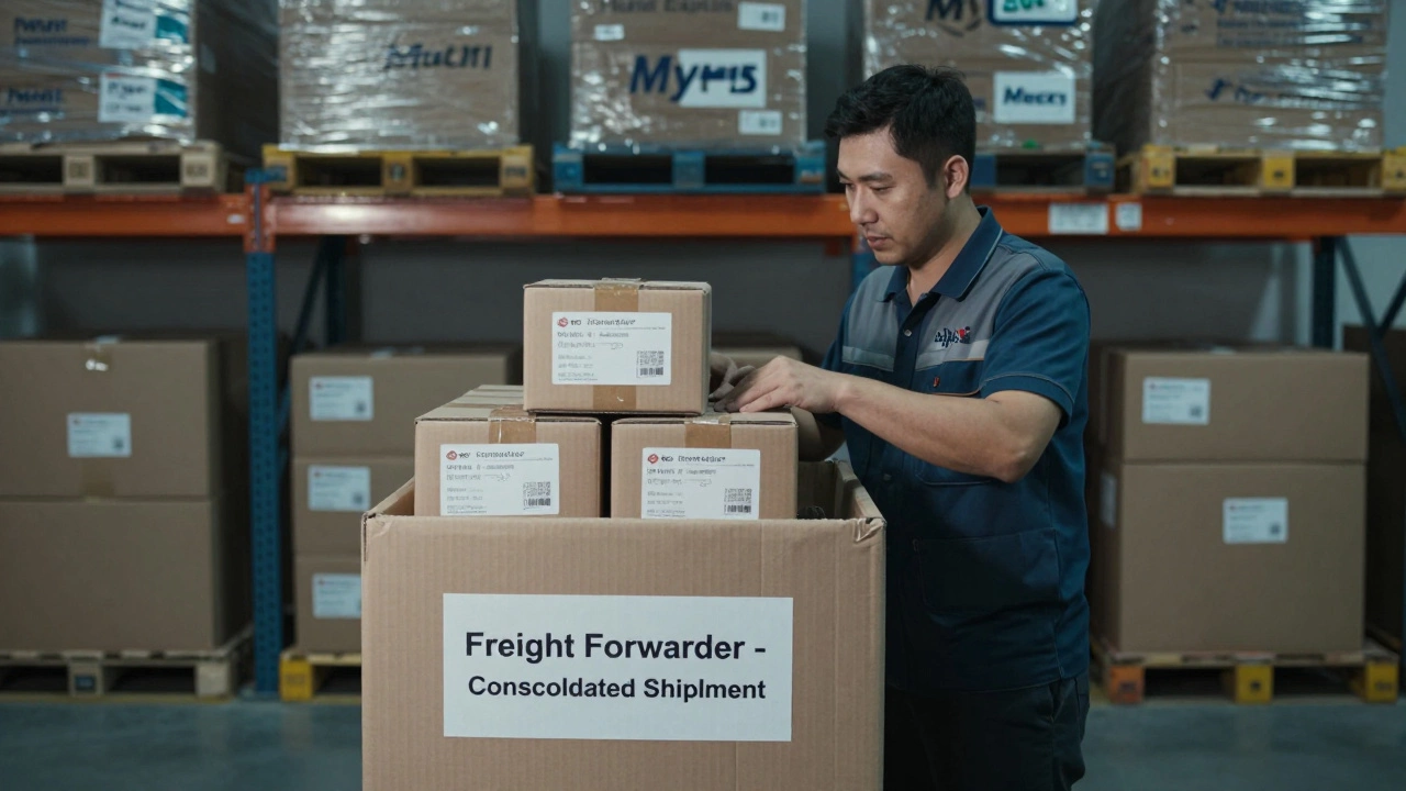 A warehouse worker consolidating multiple small packages into one large crate for international freight forwarding.