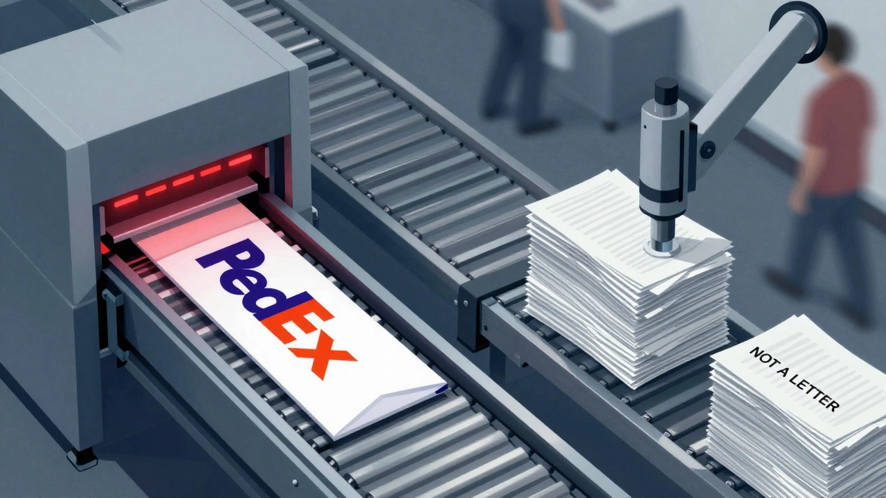 An automated sorting system rejecting a thick stack of papers labeled 'NOT A LETTER' while an envelope slides through successfully.