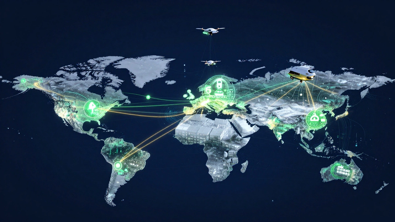 Conceptual network of green delivery vehicles and data lines.