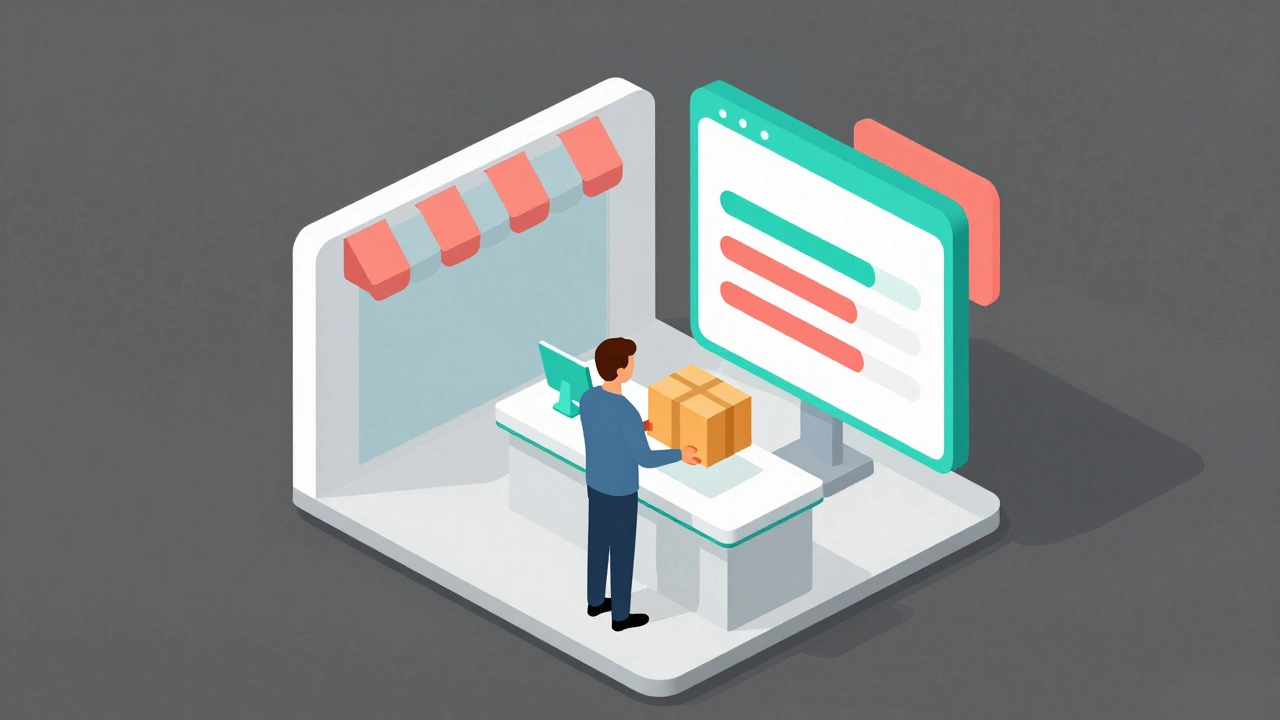 Customer picking up online order at physical store counter.