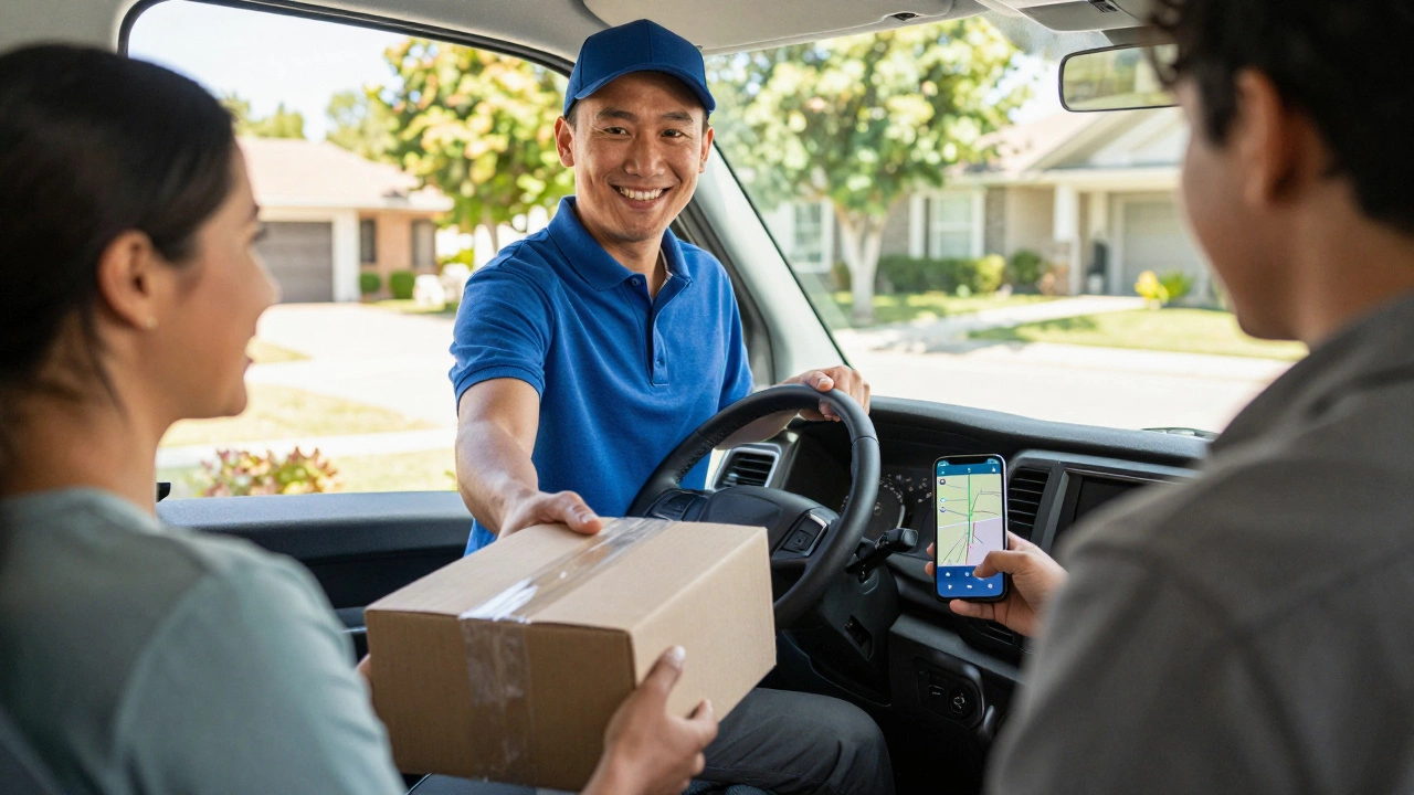 Delivery driver handing a package to a customer at a home, phone showing navigation.