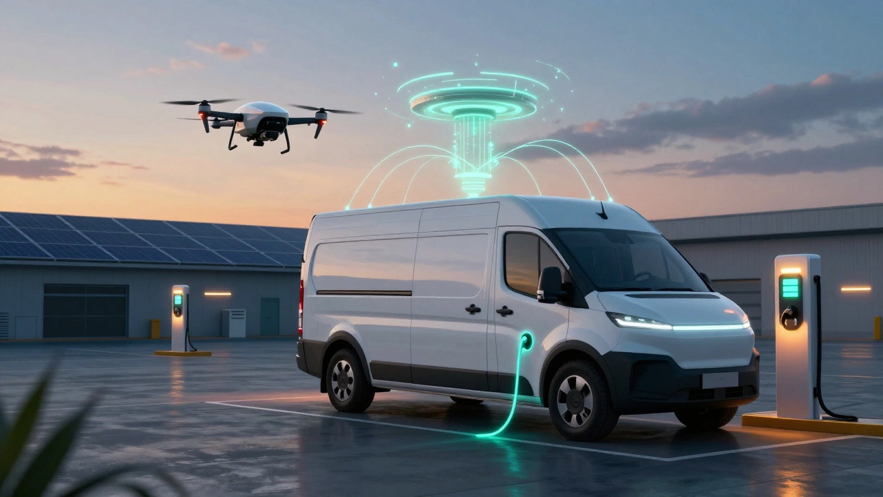 Electric van and drone in a futuristic logistics depot scene.