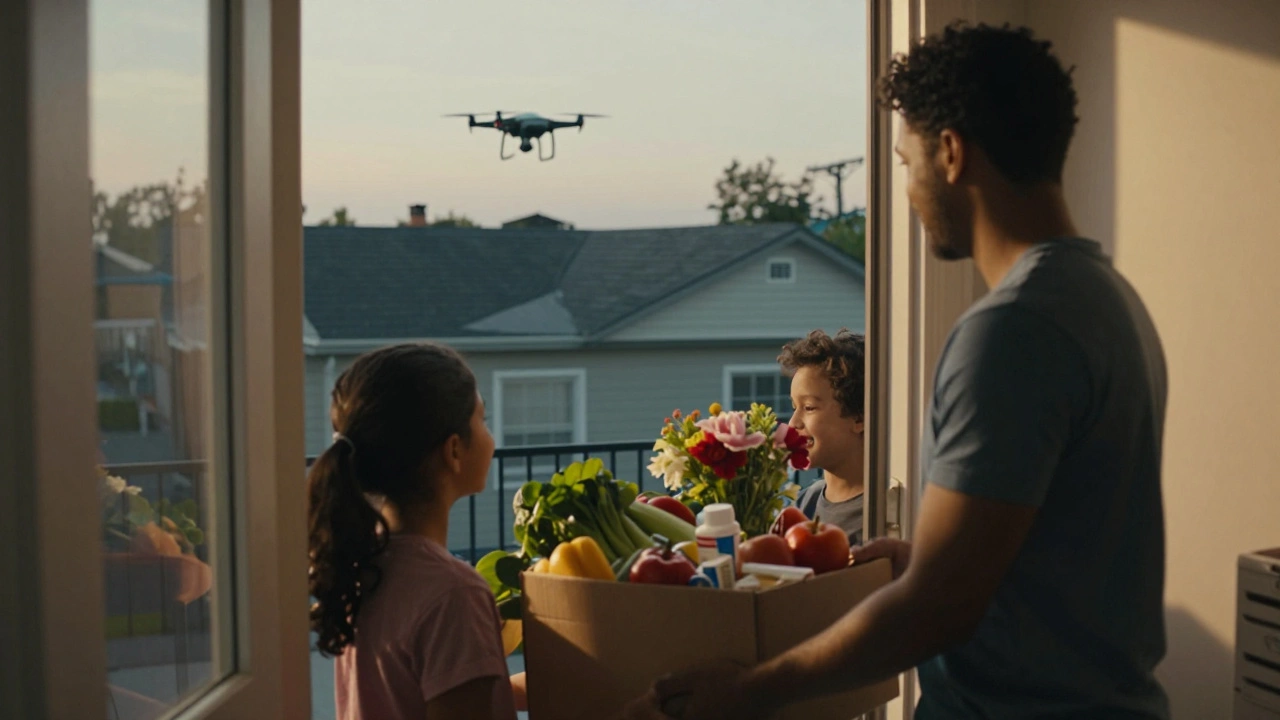 Family receiving same-day grocery delivery as a drone hovers in the twilight sky above.