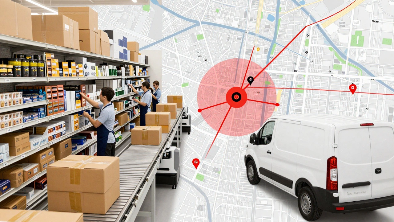 Interior of a small retail-based fulfillment center with workers and automated systems sorting packages.
