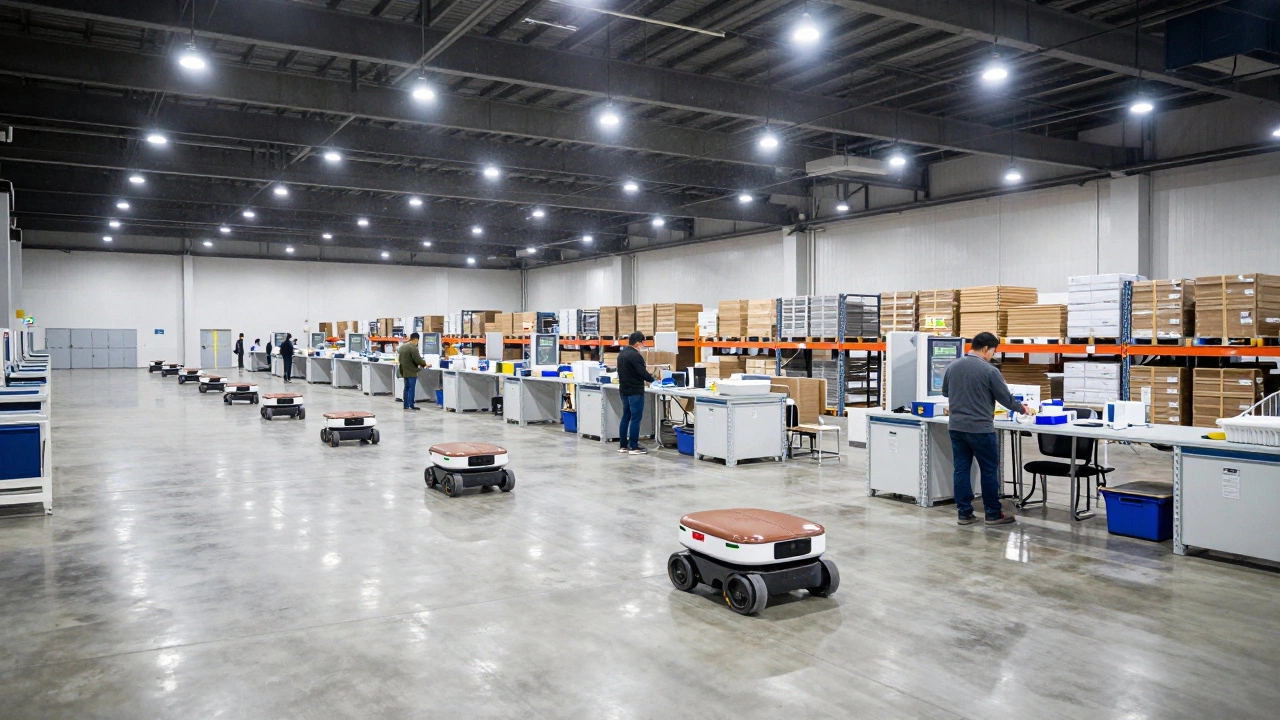 Robots transport shelves inside a high-tech fulfillment warehouse.