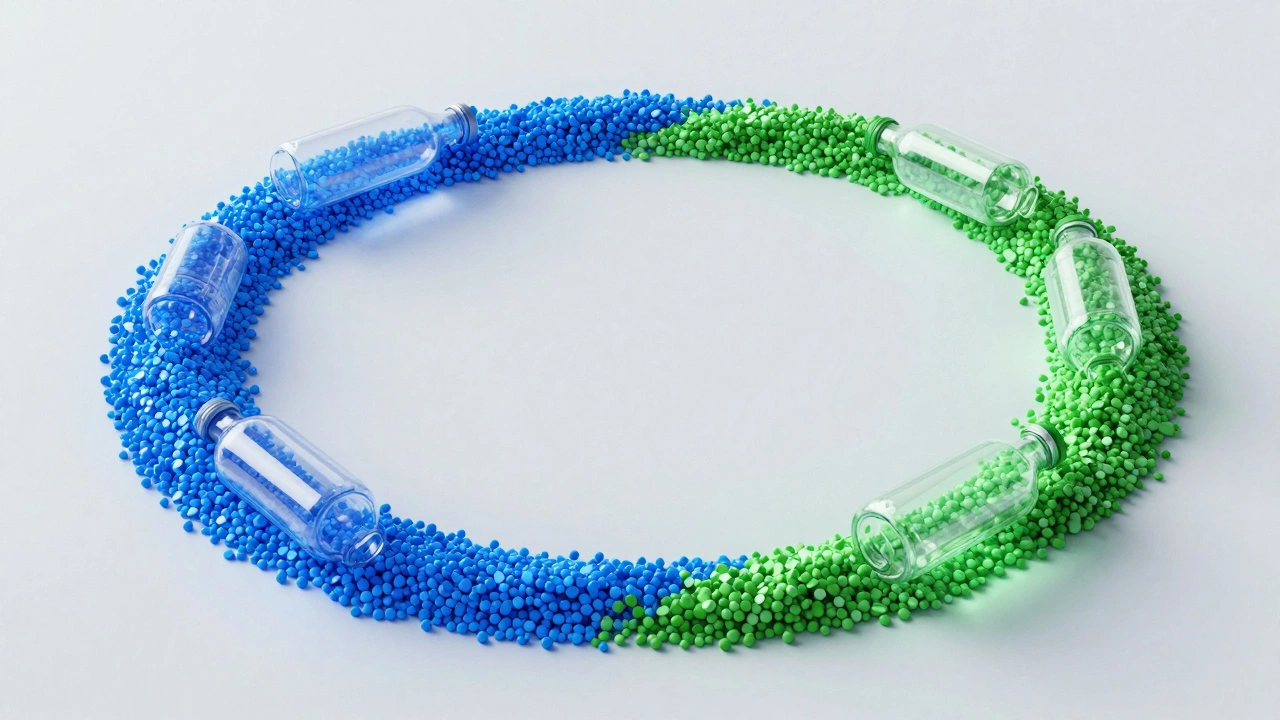 Stream of plastic pellets morphing into clear bottles representing recycling cycle