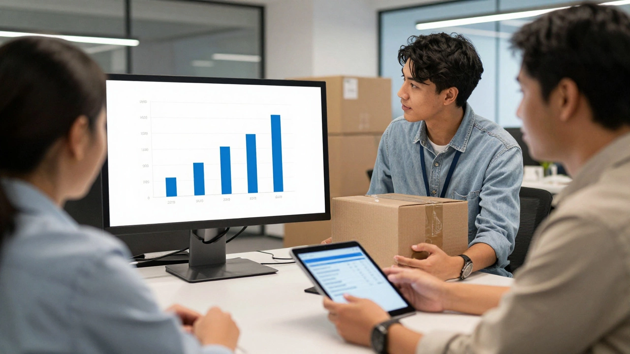Team in a logistics office reviewing a simple chart on a monitor during a meeting.