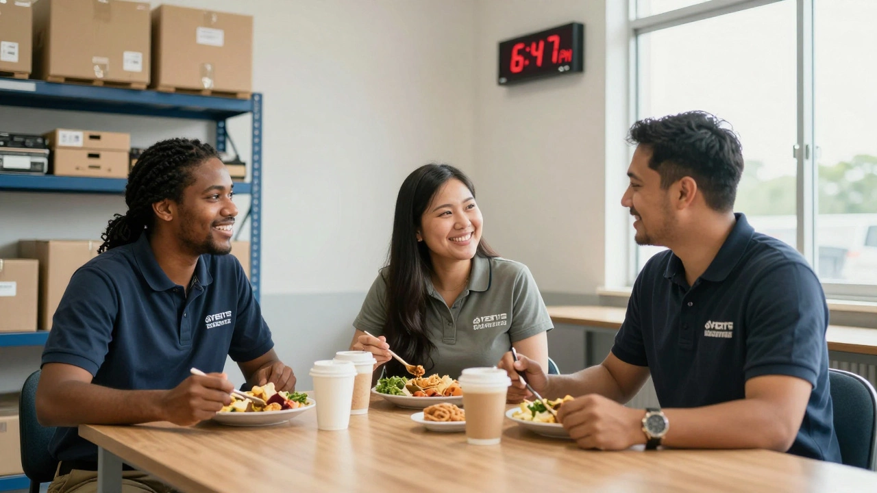 Three logistics professionals laughing together during a break in a sunlit break room.