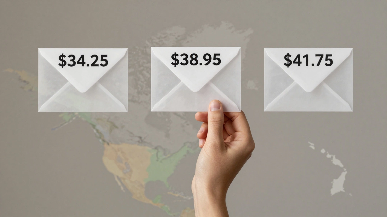 Three transparent envelopes labeled with different regional prices above a glowing North American map.