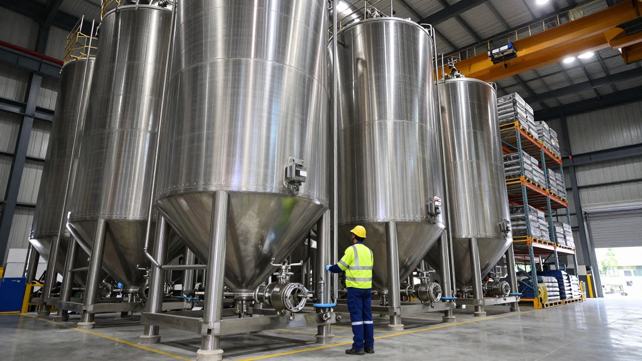 Warehouse worker inspecting large stainless steel storage silo with safety gear