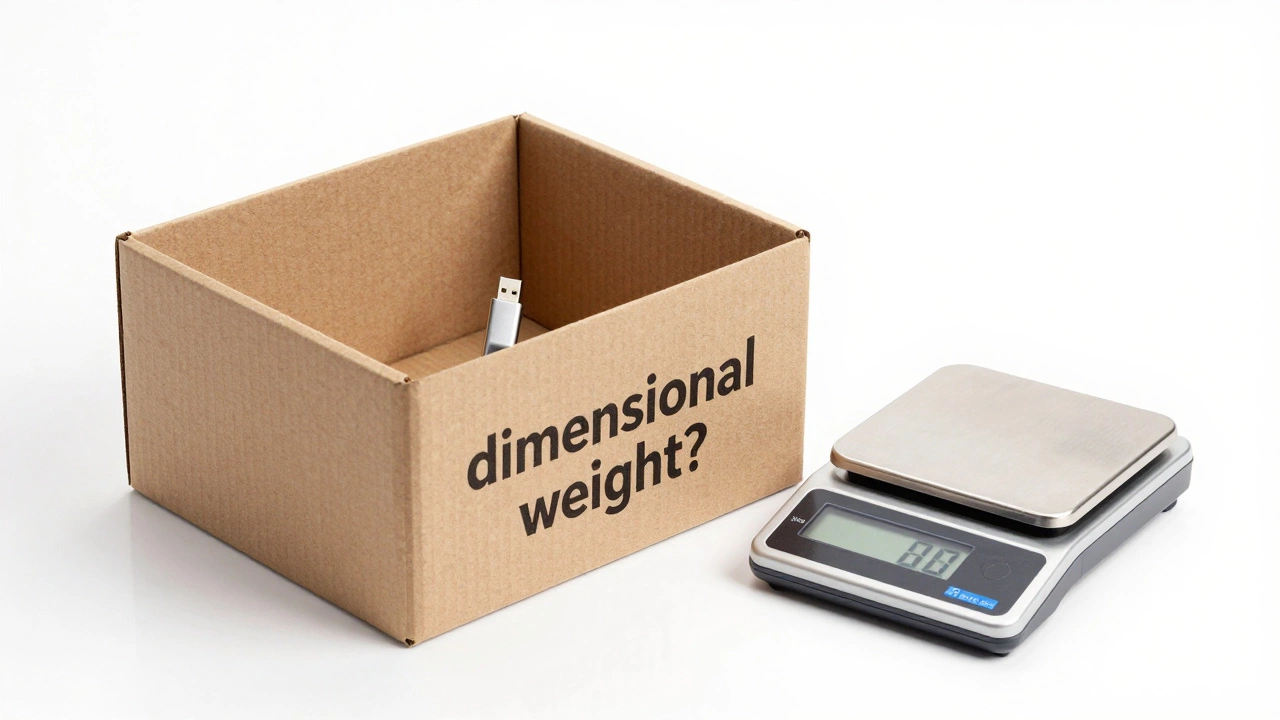 A tiny USB drive inside a large cardboard box on a shipping scale