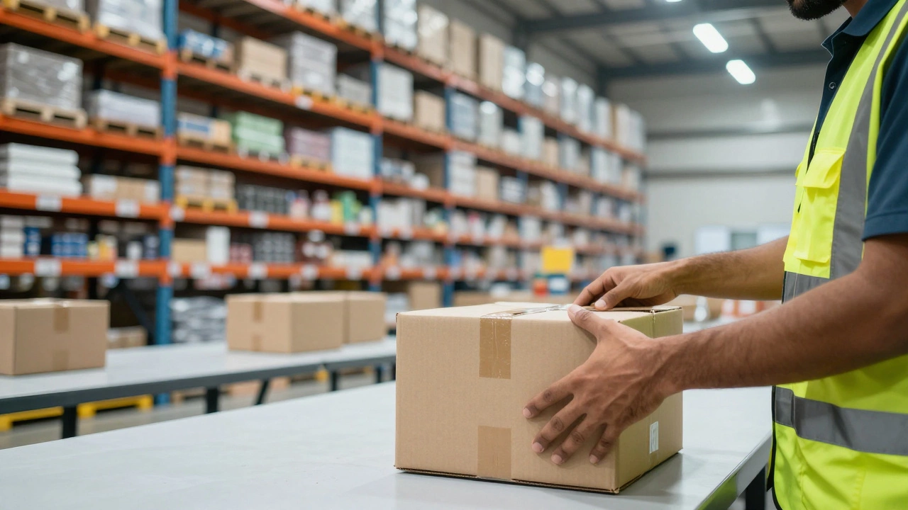 A warehouse worker packing a product into a shipping box in a large, organized fulfillment center.