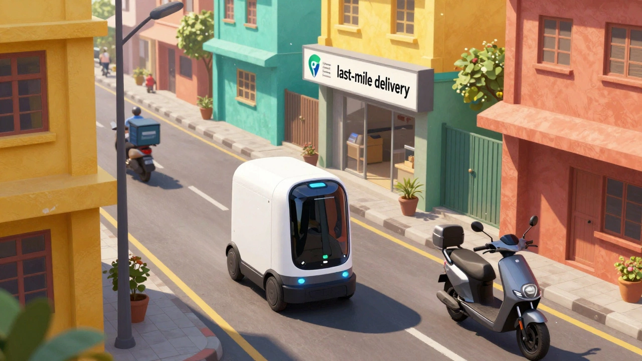 An autonomous delivery bot and electric scooter delivering packages in a colorful Indian city street.