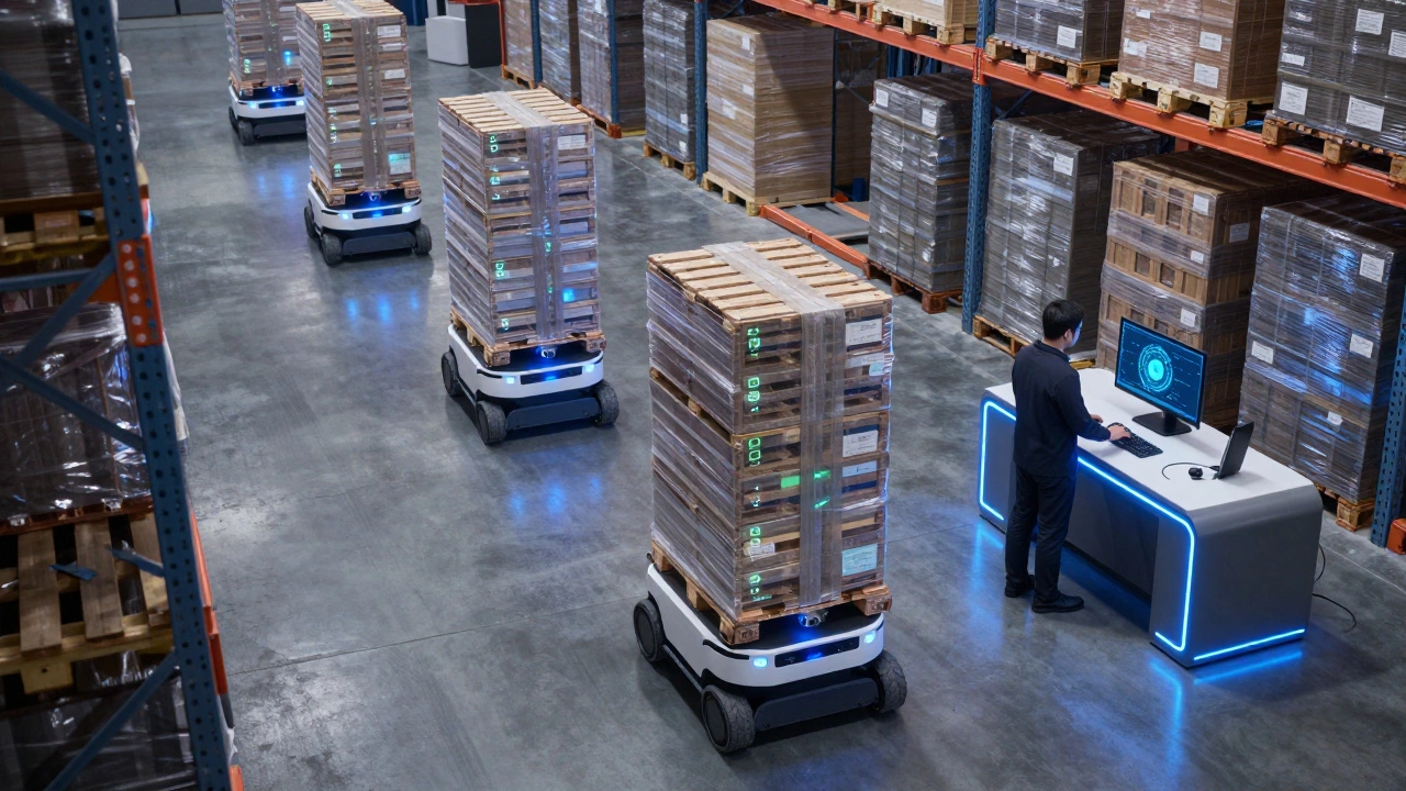 Autonomous mobile robots transporting warehouse shelves to a worker in a futuristic facility.