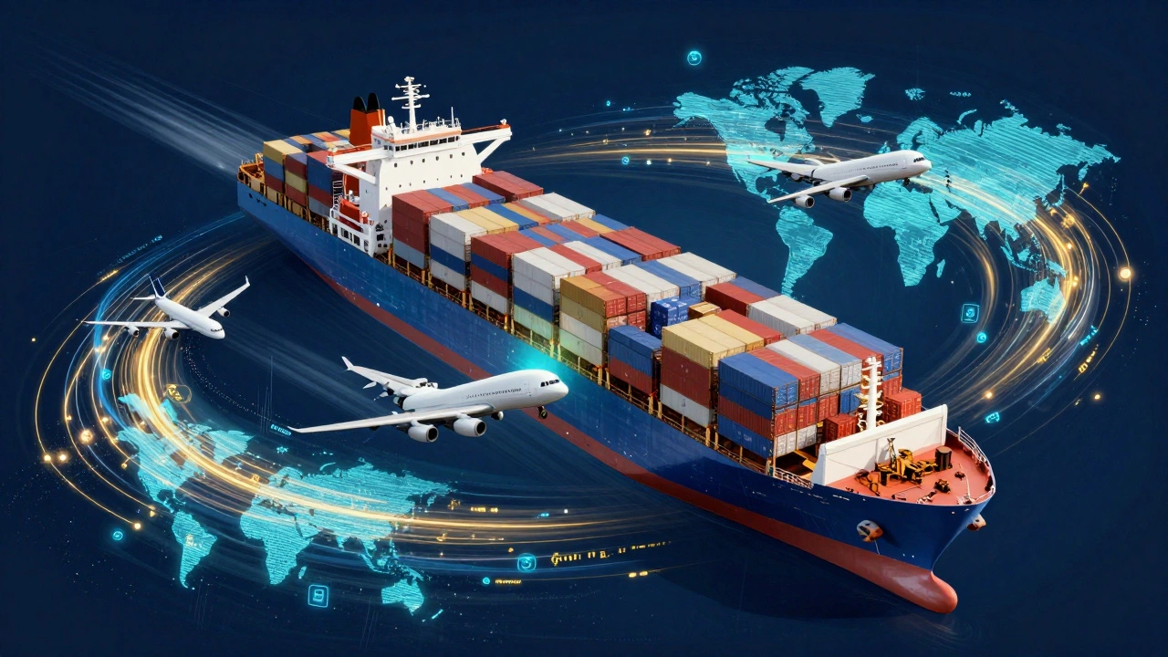 Conceptual art of container ships and planes connected by digital data streams