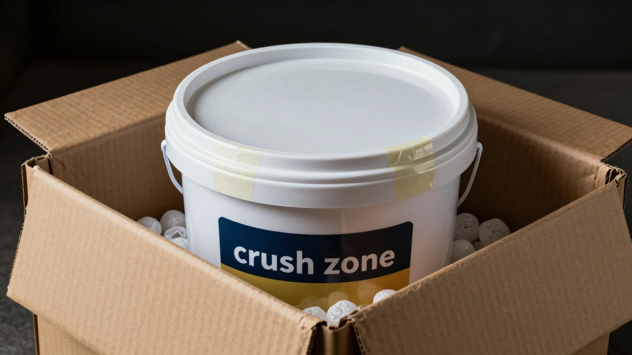 Cross-section of a 5-gallon bucket securely packed inside a corrugated cardboard box.