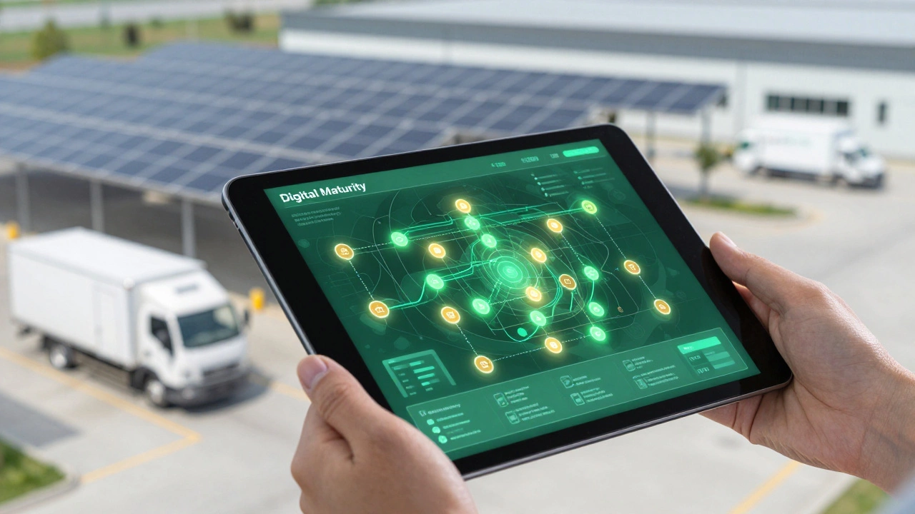 Holographic supply chain map on a tablet with a sustainable warehouse background