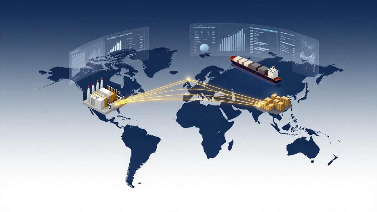 Isometric 3D conceptual map of a global supply chain with digital data overlays