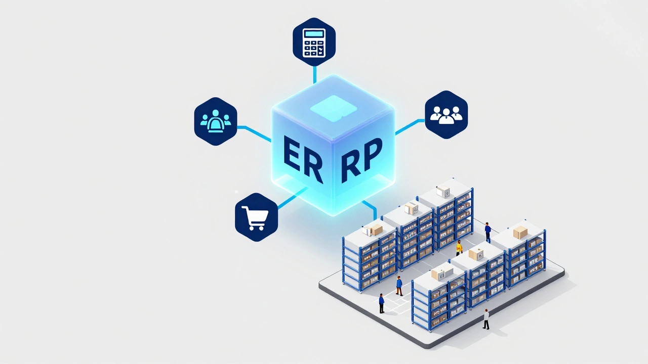 Isometric conceptual art showing a central ERP system connecting business and warehouse operations.