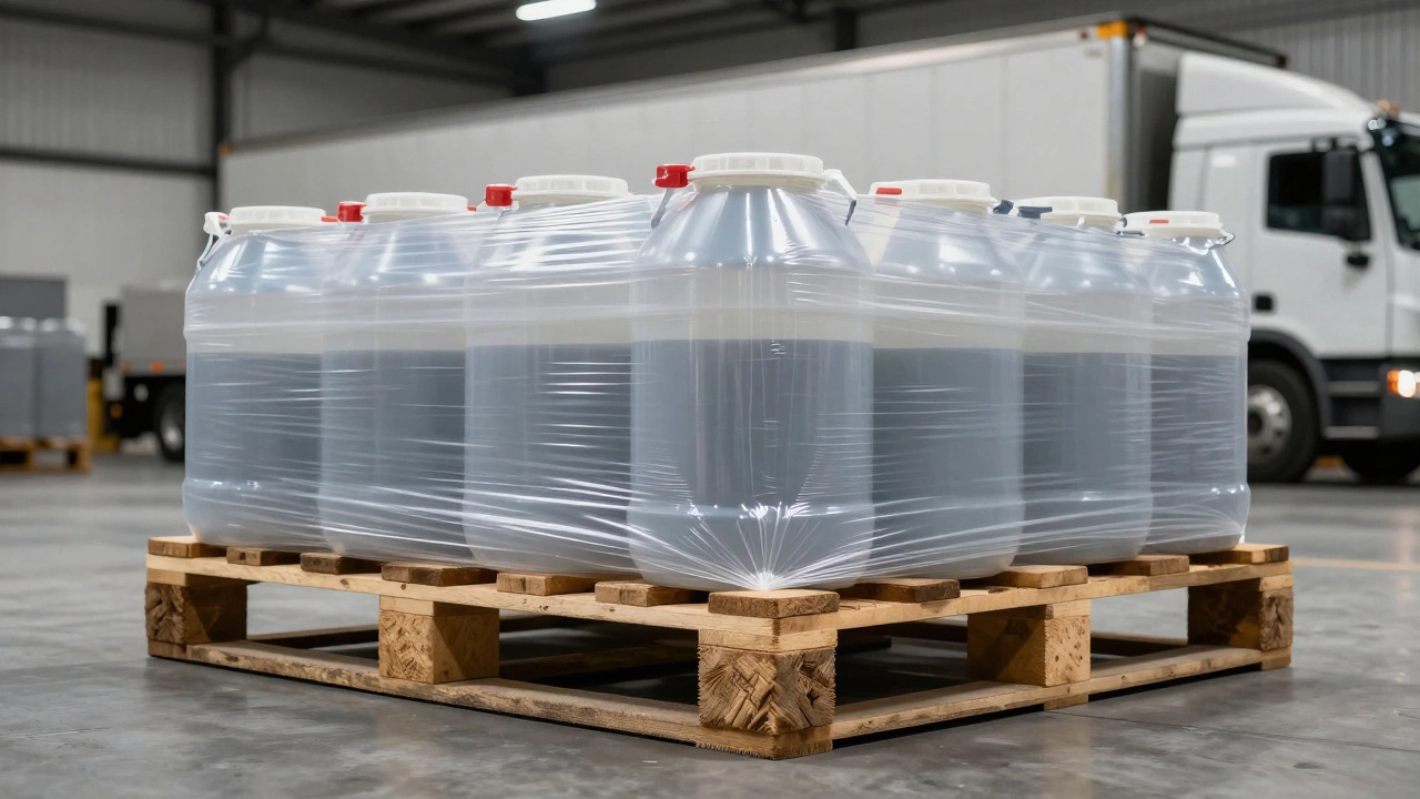 Multiple 5-gallon buckets shrink-wrapped on a wooden pallet in a shipping hub.