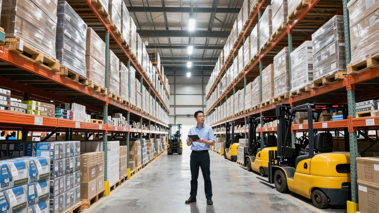 Warehouse manager overseeing organized inventory and forklifts in a large facility