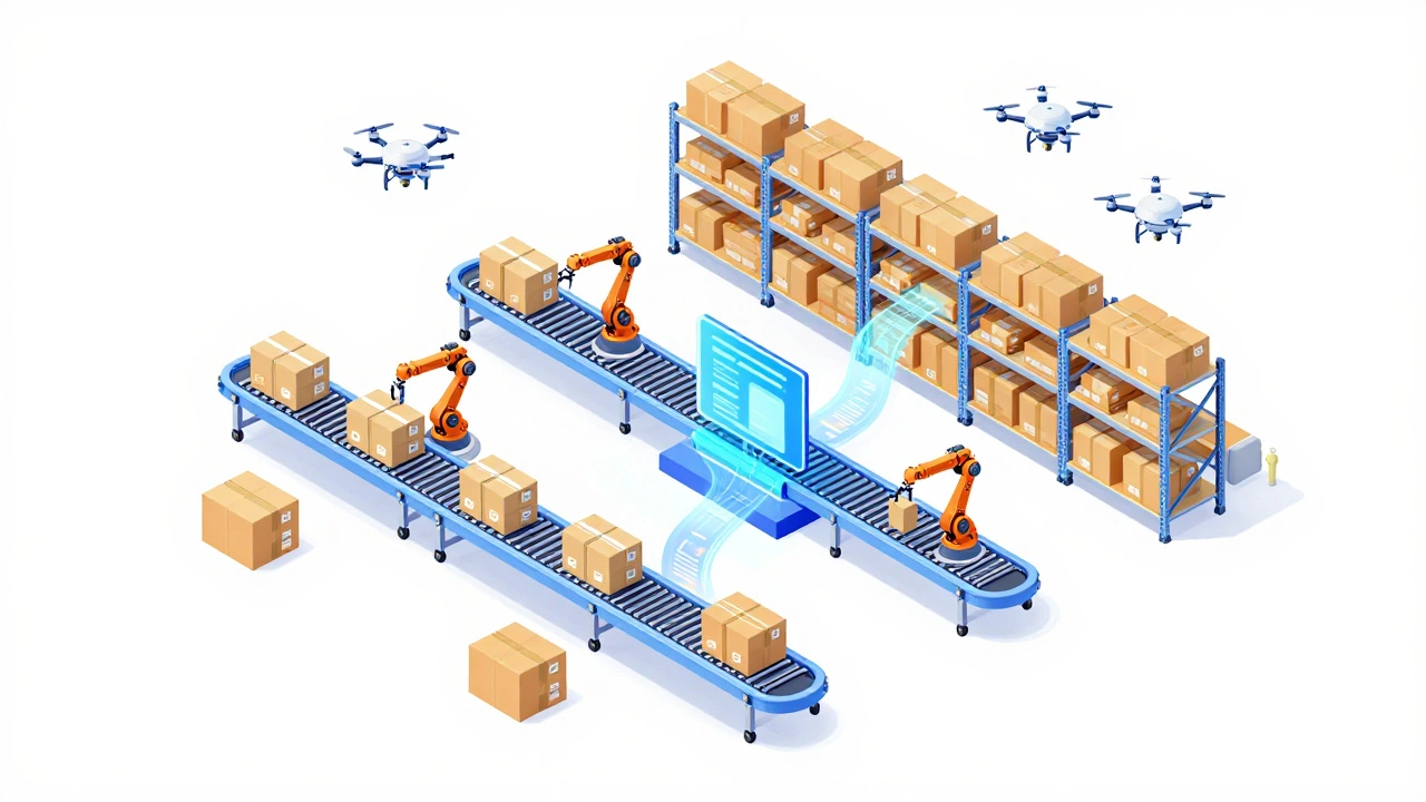 3D isometric view of automated warehouse and logistics operations