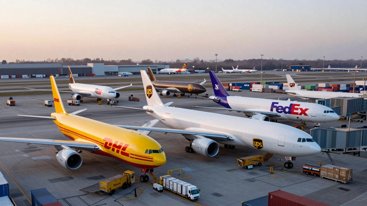 Cargo planes and trucks at an international airport terminal