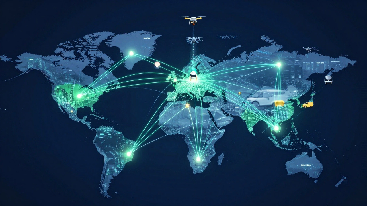 Digital map of USA showing connected logistics hubs and drones