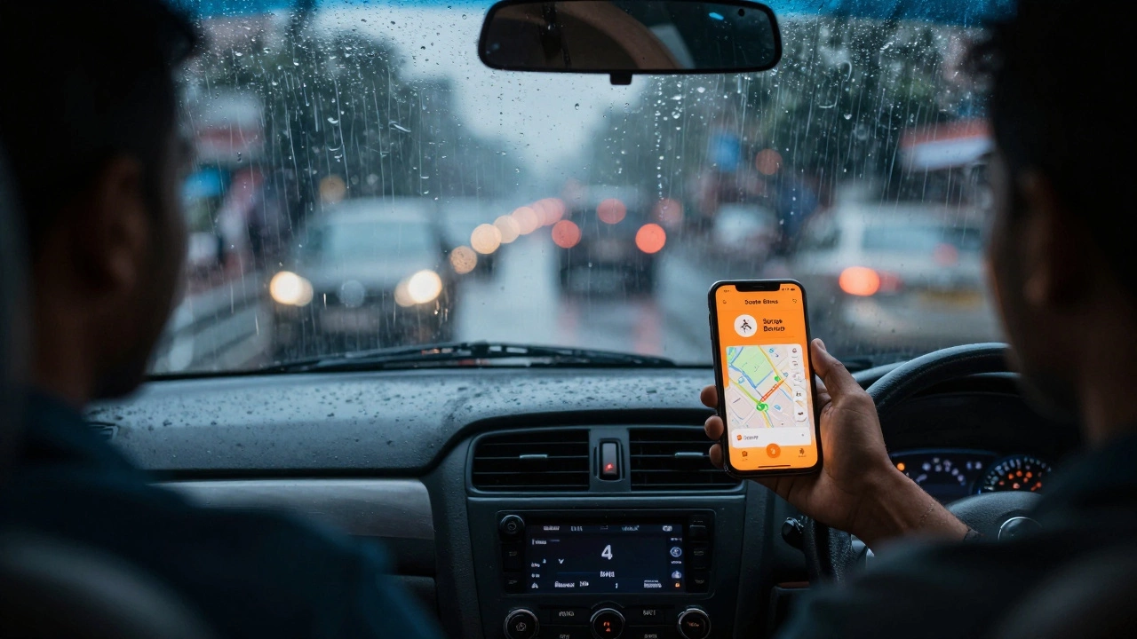 Driver checking surge bonus app during rain