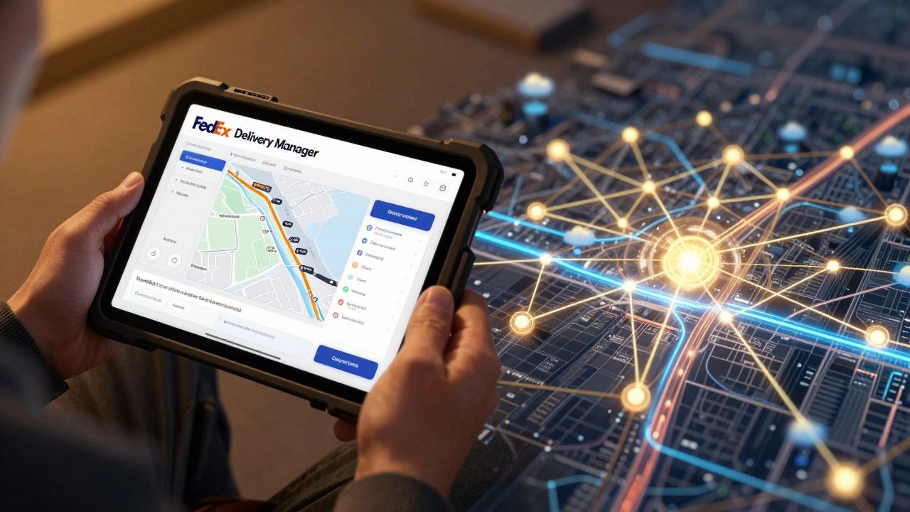 Driver using tablet alongside AI route optimization visuals