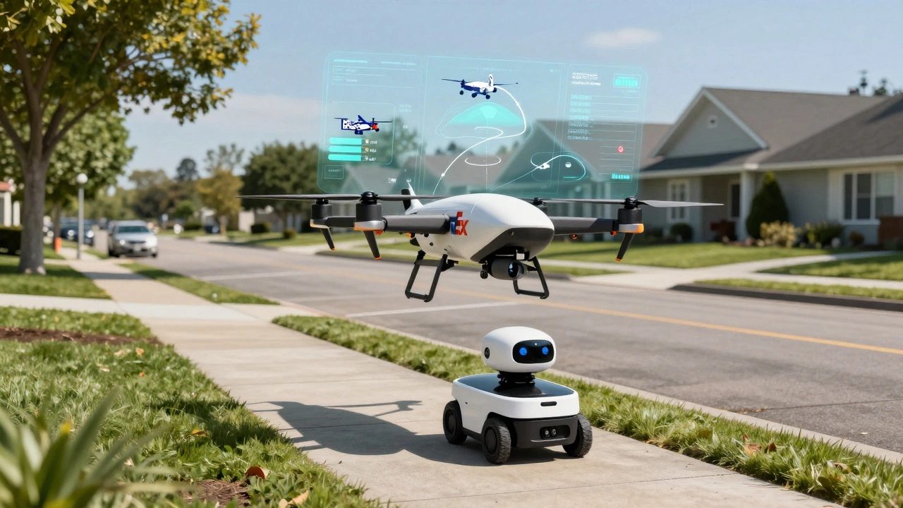 FedEx drone and autonomous robot delivering packages