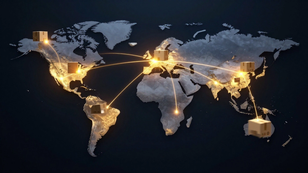 Futuristic visualization of global supply chains connecting regional hubs to local customers