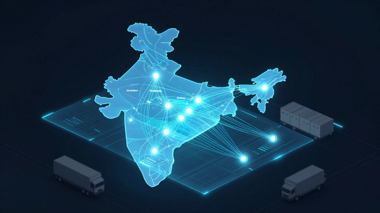 Holographic map of India showing optimized logistics routes and data connections
