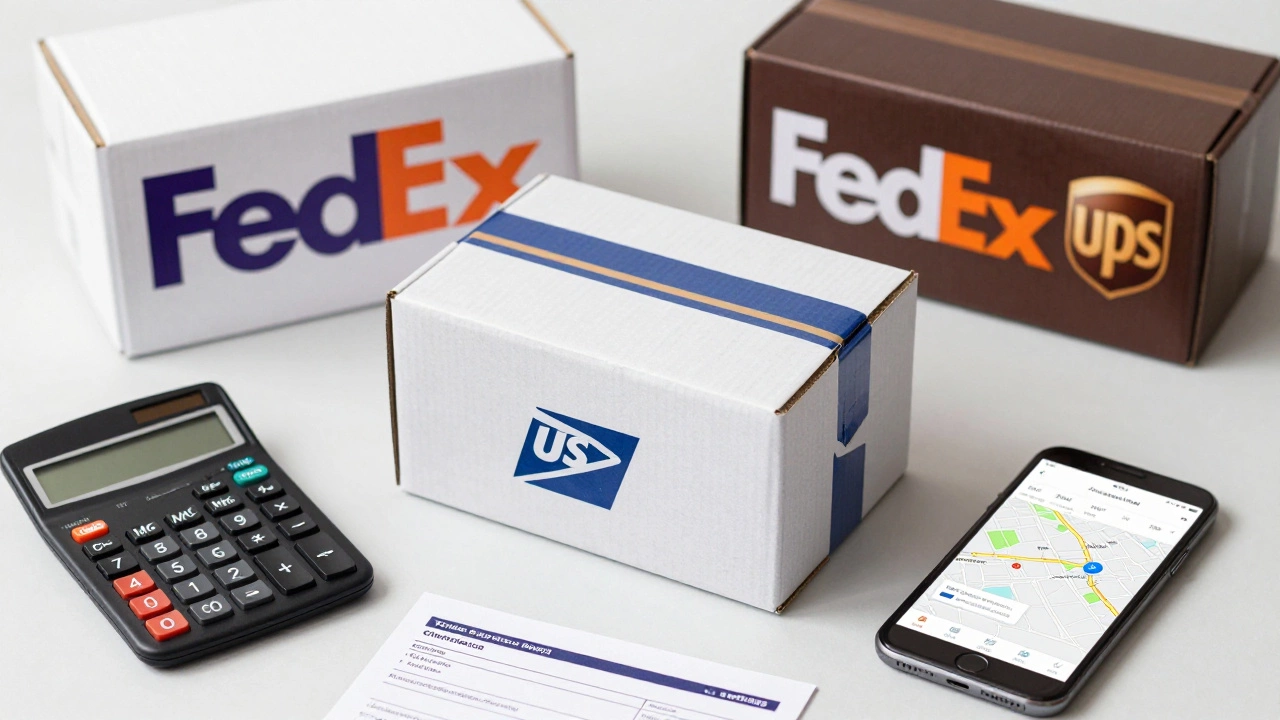 Overhead comparison of USPS, FedEx, and UPS shipping boxes