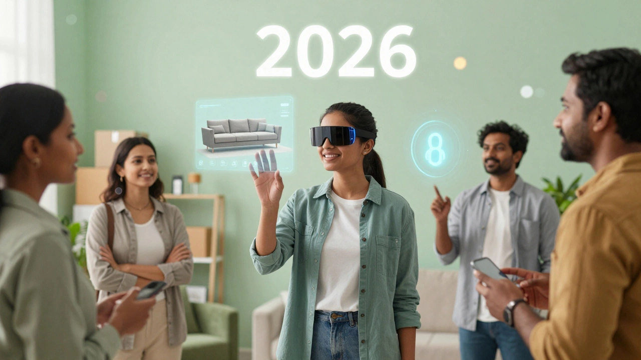 People using AR and voice tech for futuristic shopping experiences