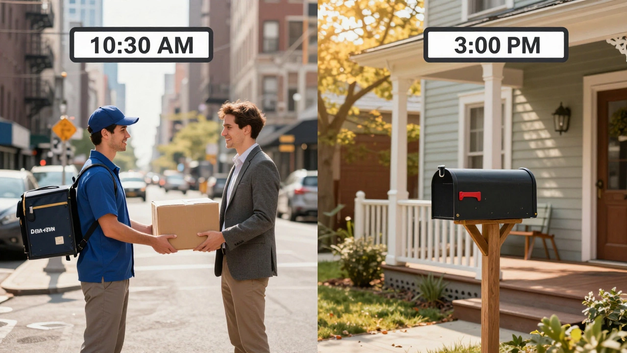 Split view of urban morning vs rural afternoon package delivery