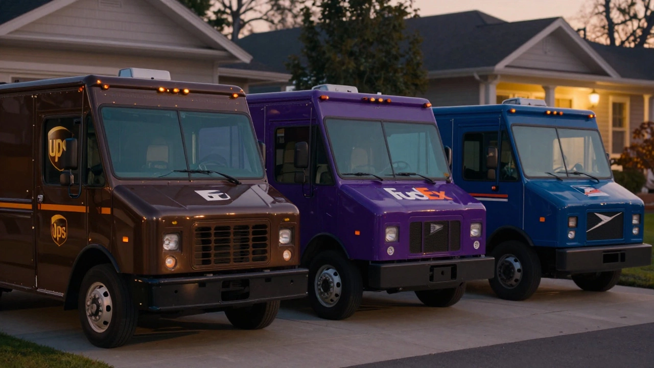 UPS, FedEx, and USPS delivery trucks parked in a row at dusk