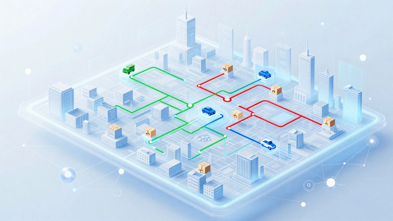 Abstract digital map showing optimized delivery routes and connected nodes over a city skyline.