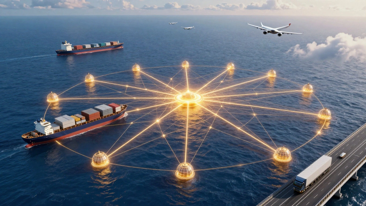 Abstract network connecting ships, planes, and trucks with golden light
