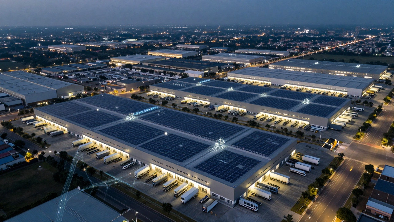 Aerial view of a large, illuminated logistics park with solar panels at twilight
