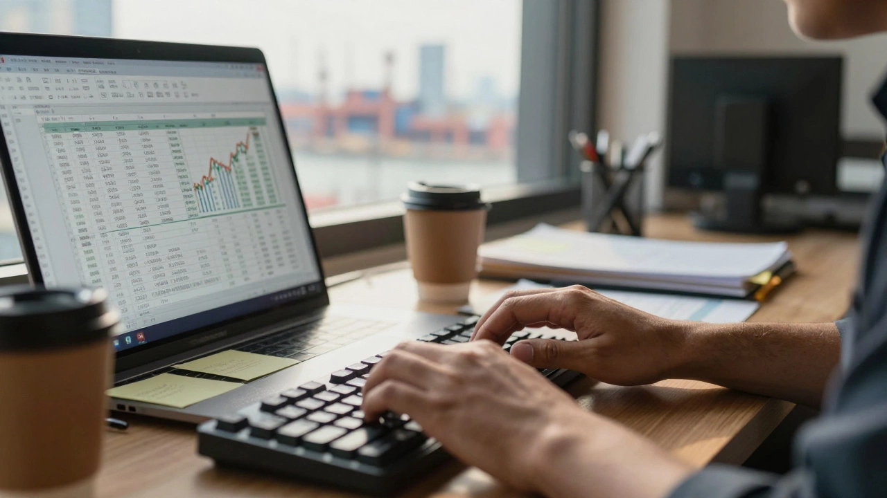 Analyst working on Excel spreadsheets in a busy office setting