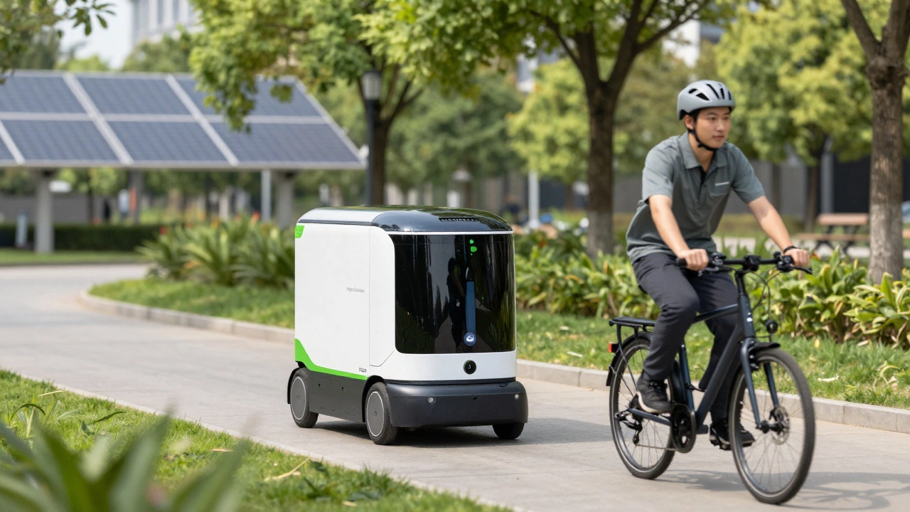 Autonomous delivery robot and electric bike courier moving together on a green, sustainable path.
