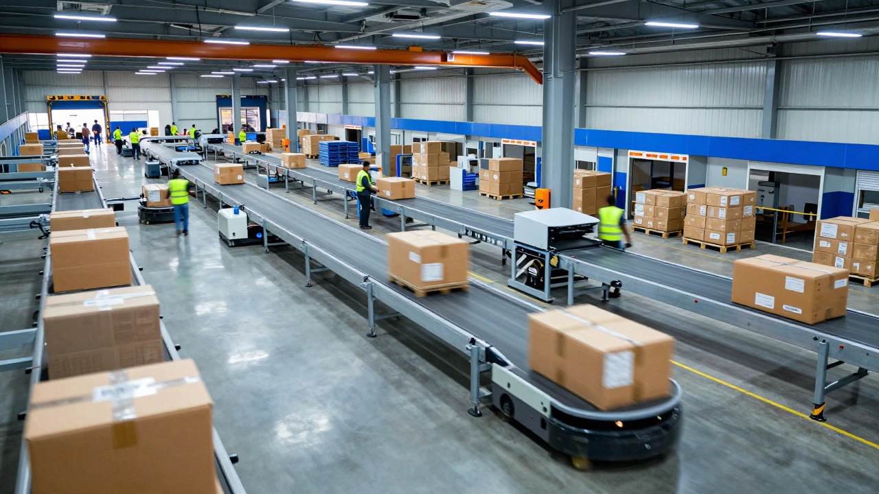 Busy distribution center interior with AGVs and conveyor belts moving goods quickly