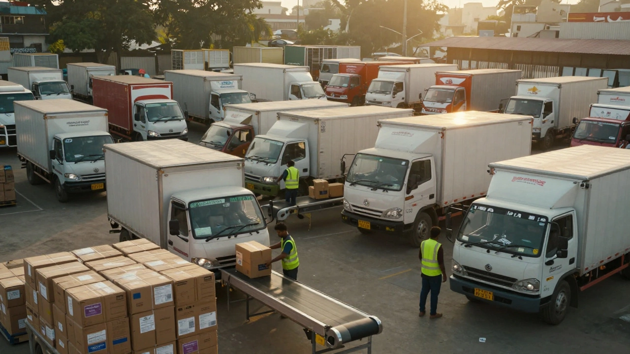Delivery trucks and workers loading packages at a logistics hub during sunrise.