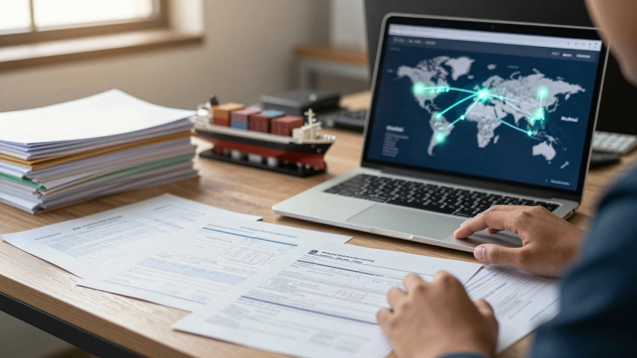 Desk with shipping documents and laptop showing global supply chain map